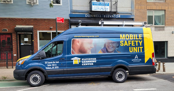 The Mobile Elevator Safety Unit arrives for an on-site training session at Dunwell Elevator in Brooklyn, NY